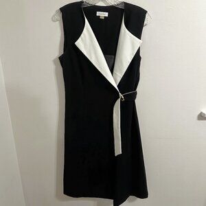 Calvin Klein Sleeveless Wrap Office Dress | Black & White Gold Accent | Size 12